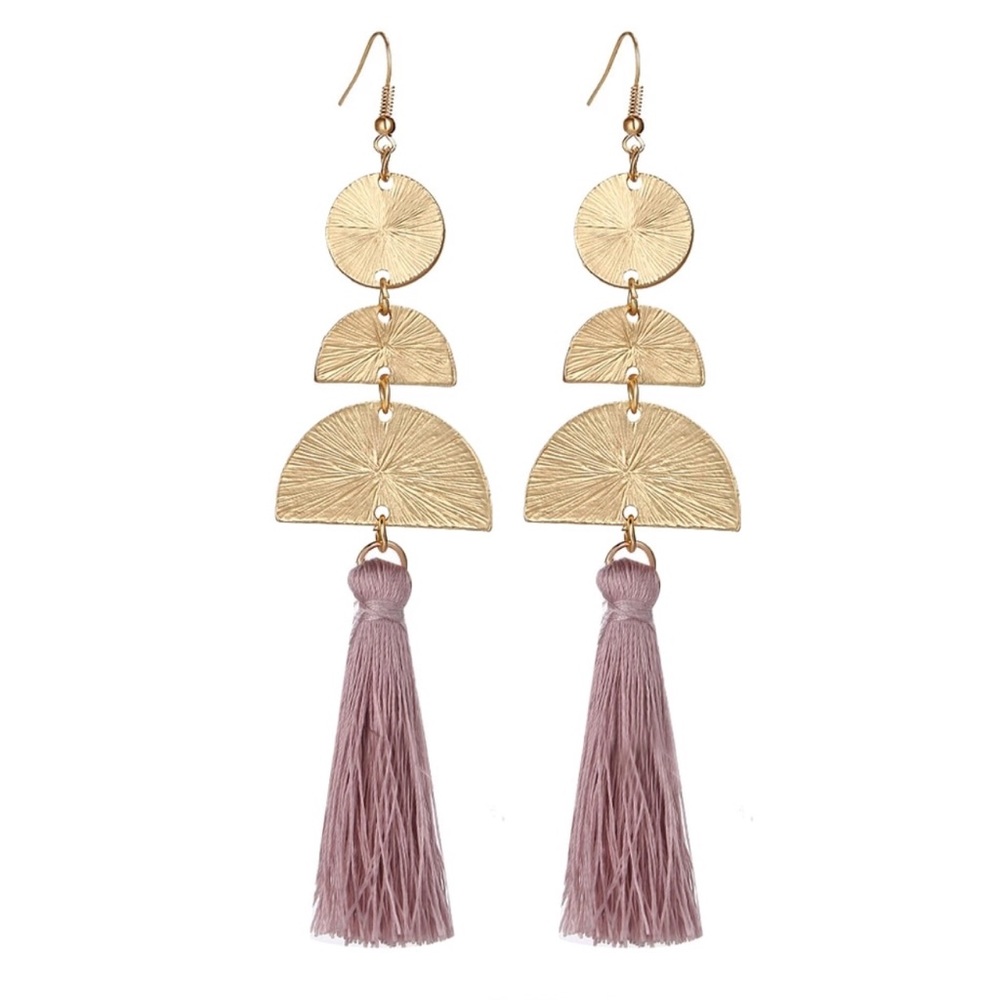 Boho Geometric Mauve & Gold Tassel Earrings
